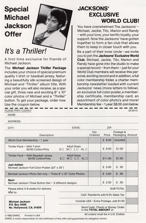 Jackson, Michael - Thriller (1982, 1st US Pressing Run, w/Fan Club Merch Sheet)